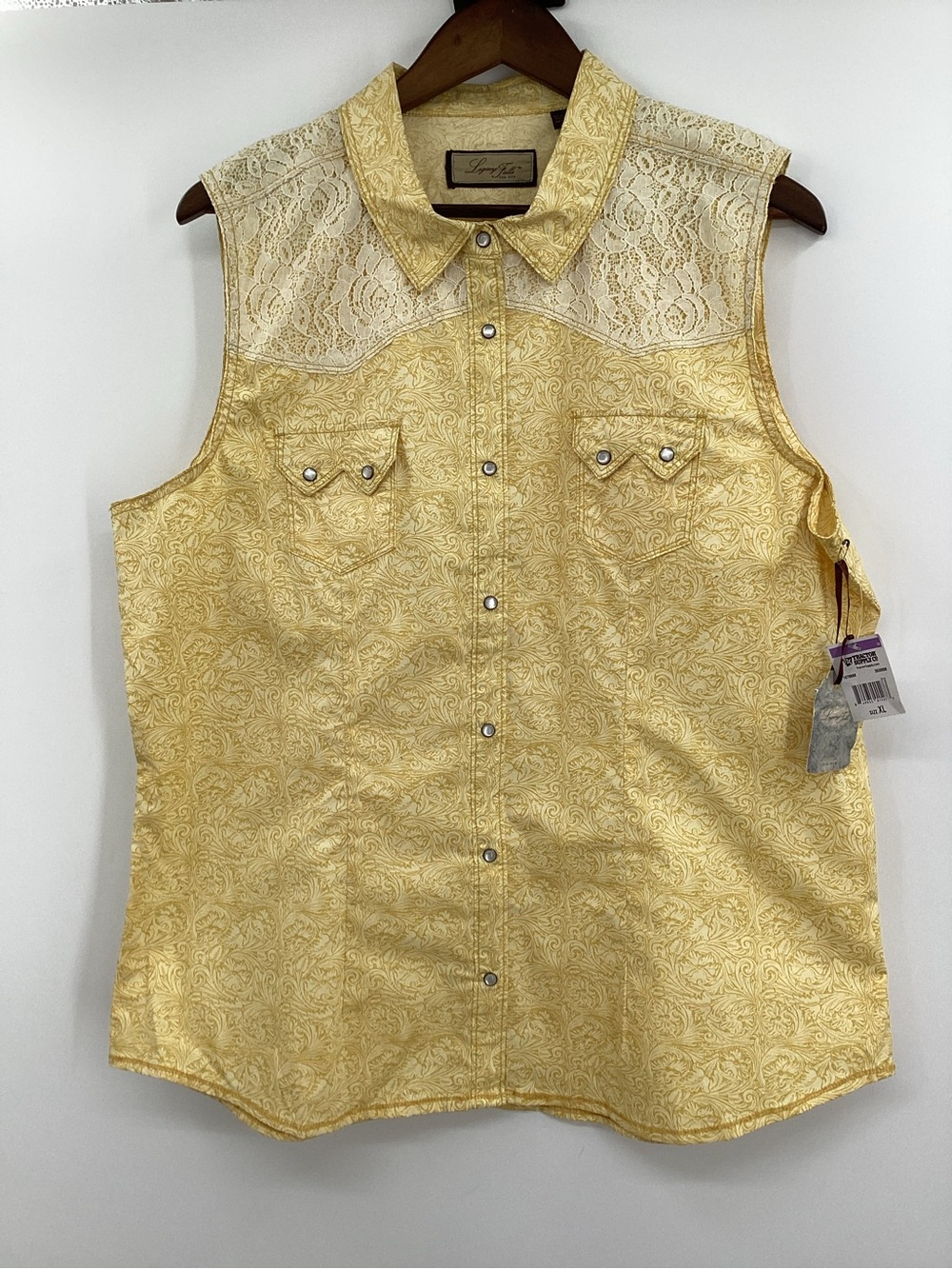 Sleeveless Lace Yoke Button-Front Western Shirt - Lemon Yellow